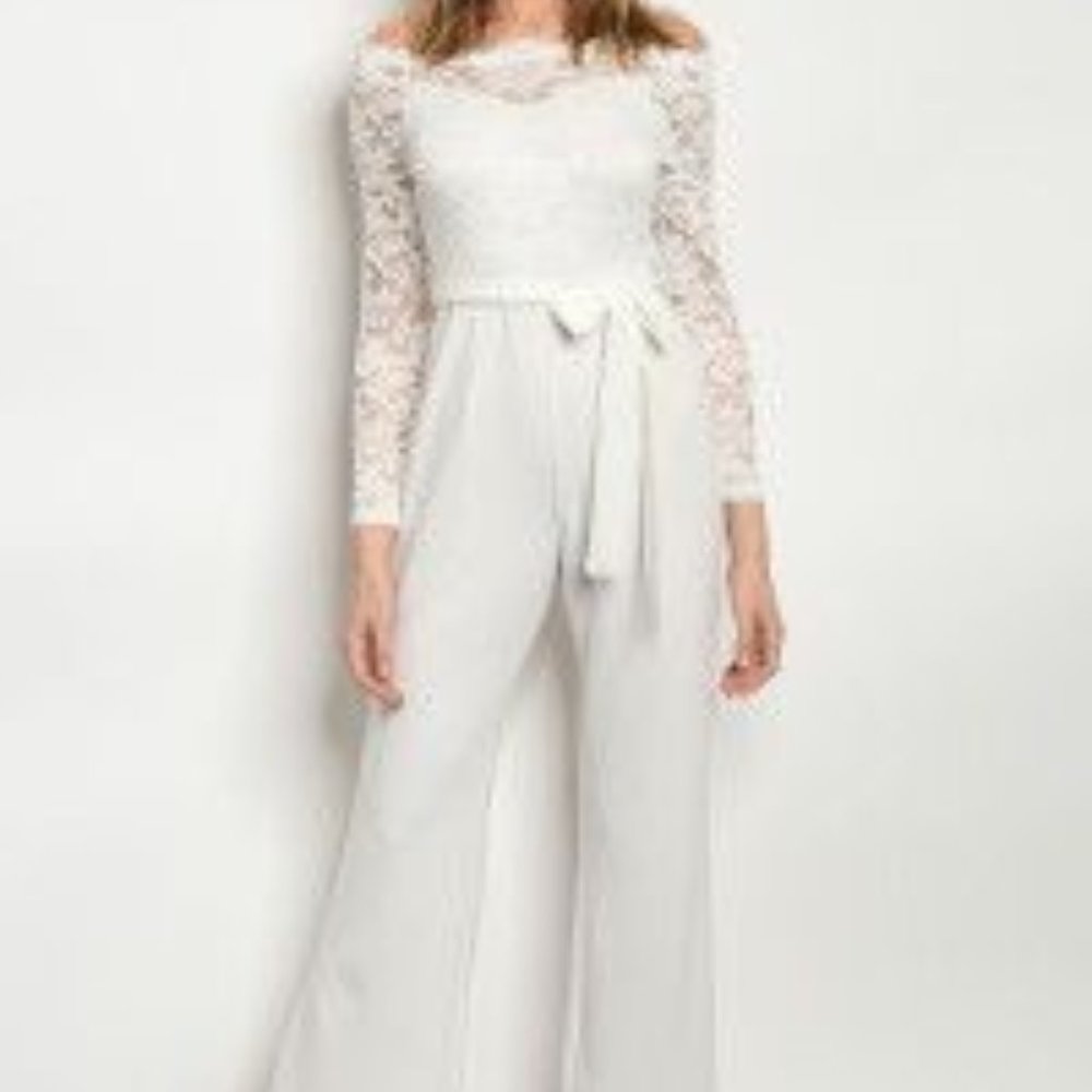 Available Off Shoulder Lacy White Jumpsuit